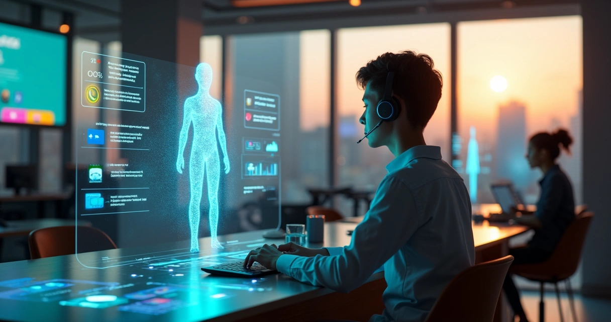 Atendente humano em sala futurista colaborando com assistente virtual em holograma 