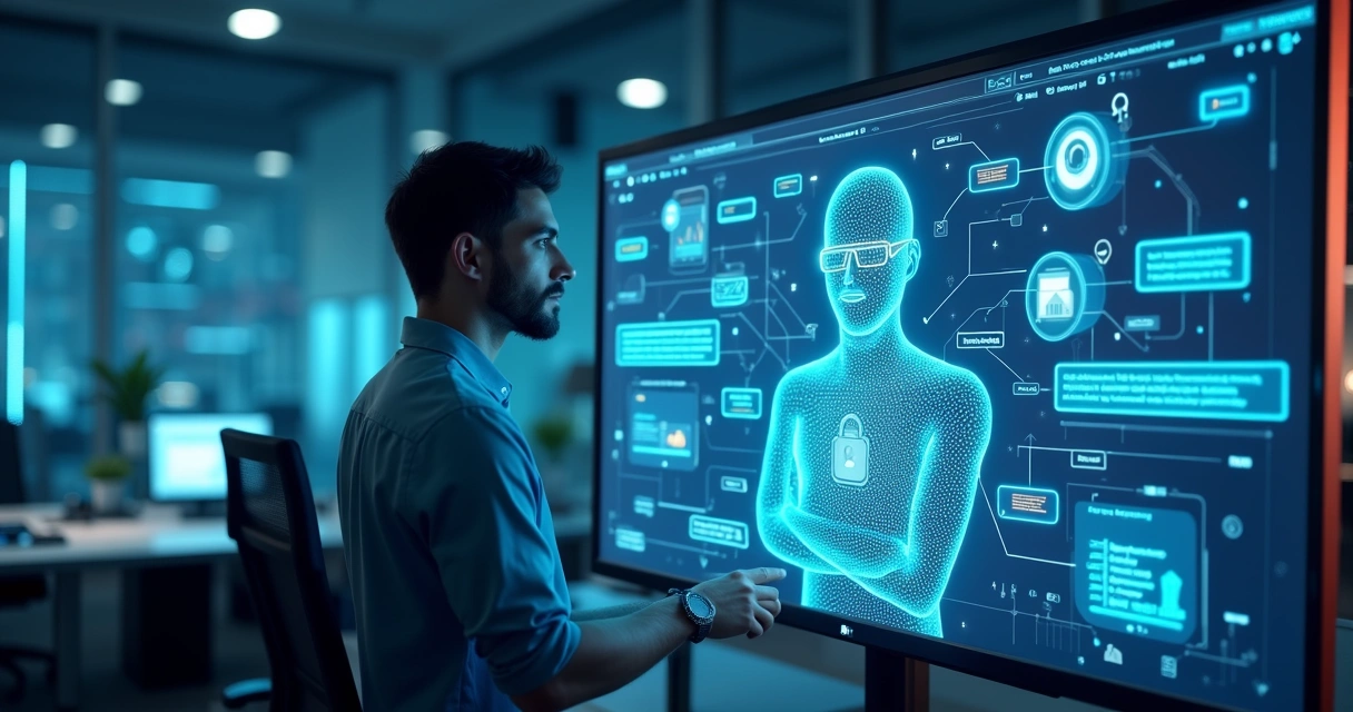 Agente virtual de atendimento ao cliente em tela digital com interface interativa e dados de IA ao redor 