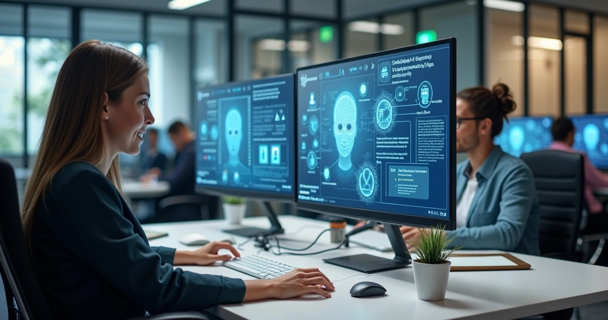 Colaboradores utilizando agente de IA em central de atendimento moderna