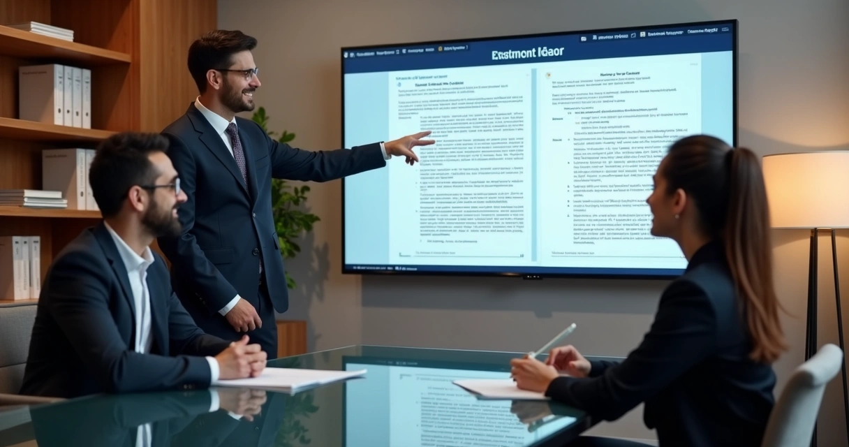 Reunião entre advogados e clientes em sala moderna com contratos digitais visíveis 