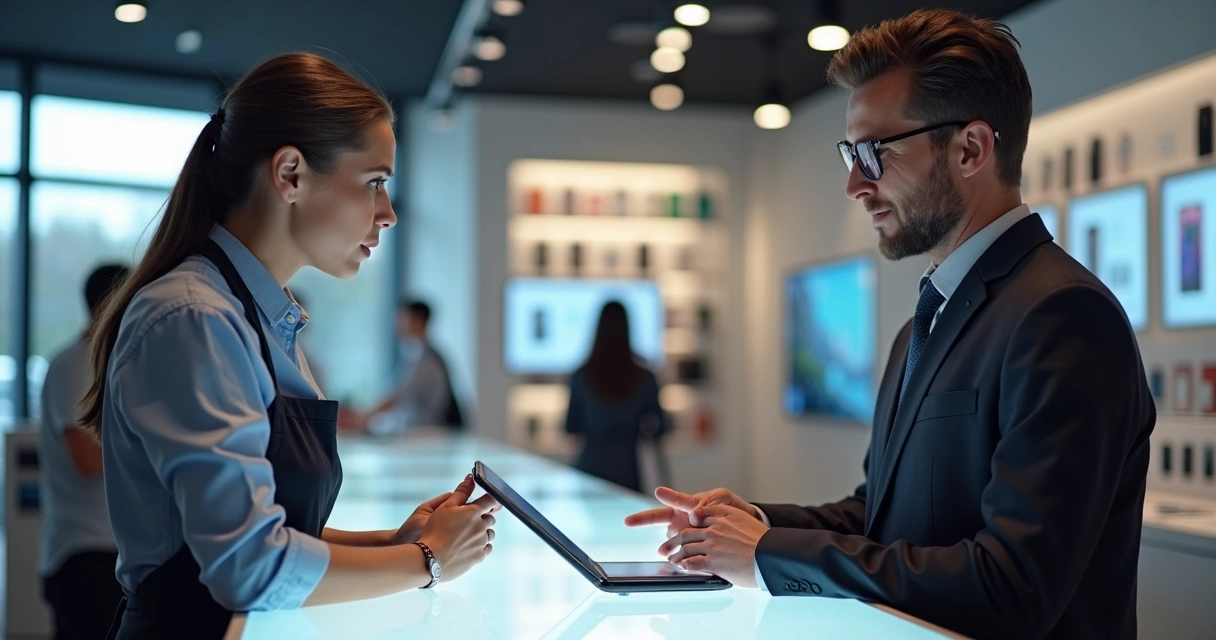 Vendedor atendendo cliente em loja de celular com tablet. 
