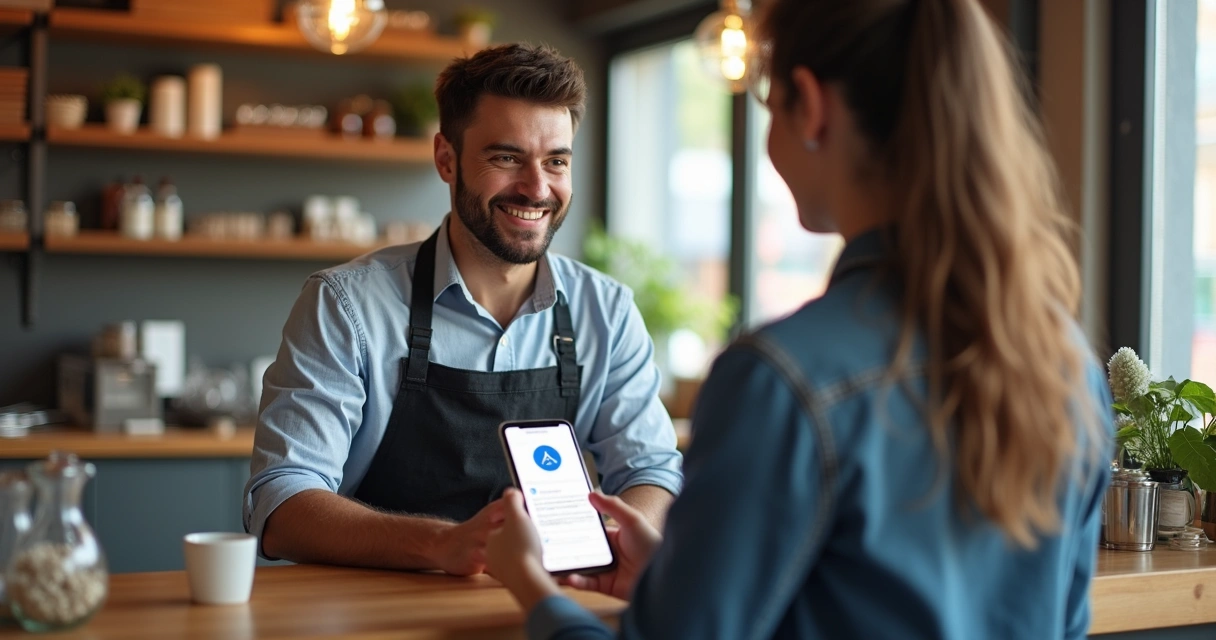 Pessoa sorridente atendendo cliente em balcão de negócio local, com smartphone aberto mostrando mensagens do Google Ads. 