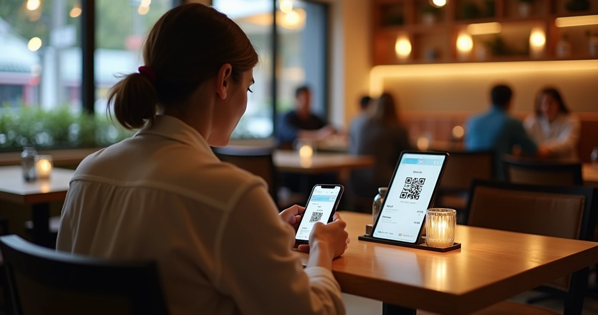 Cliente sentado em mesa de restaurante usando celular para ler QR Code no cardápio 