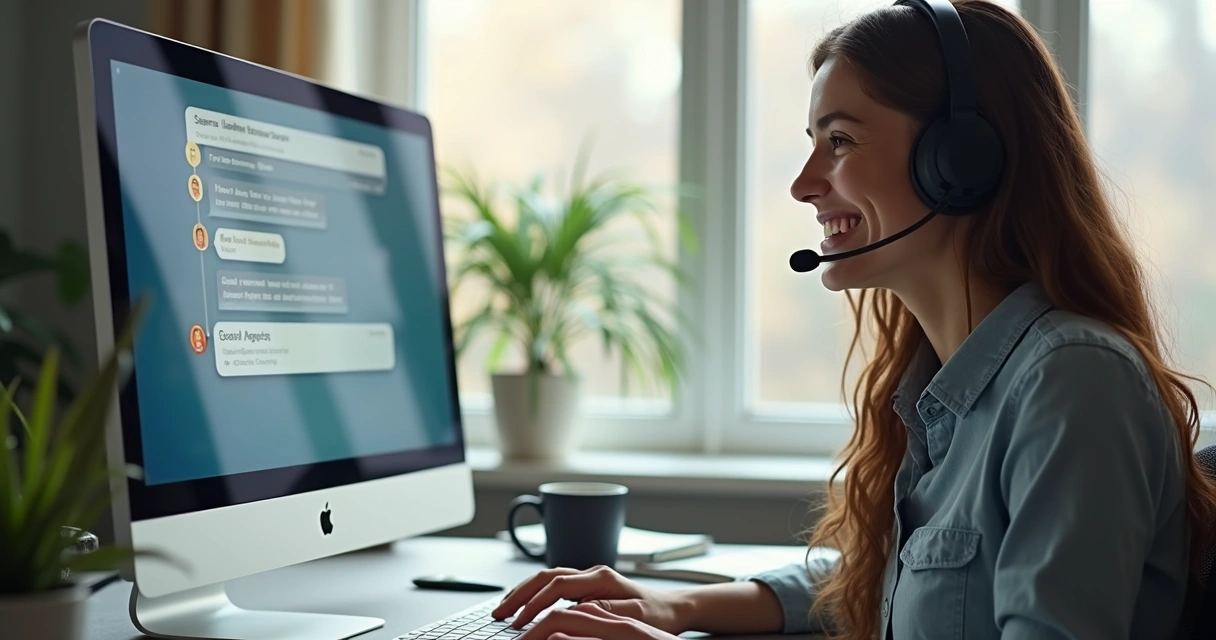 Atendente sorridente em chat no computador com cliente