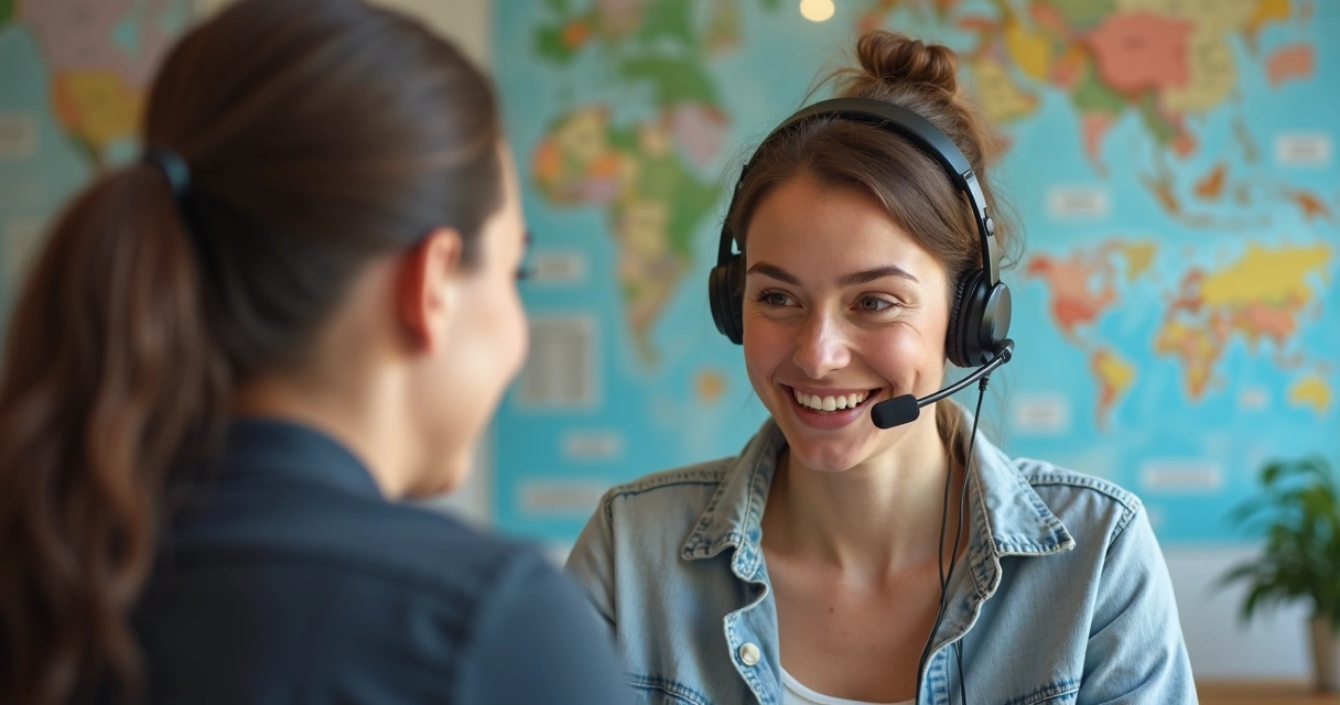 Atendente de agência de turismo auxiliando cliente em crise 