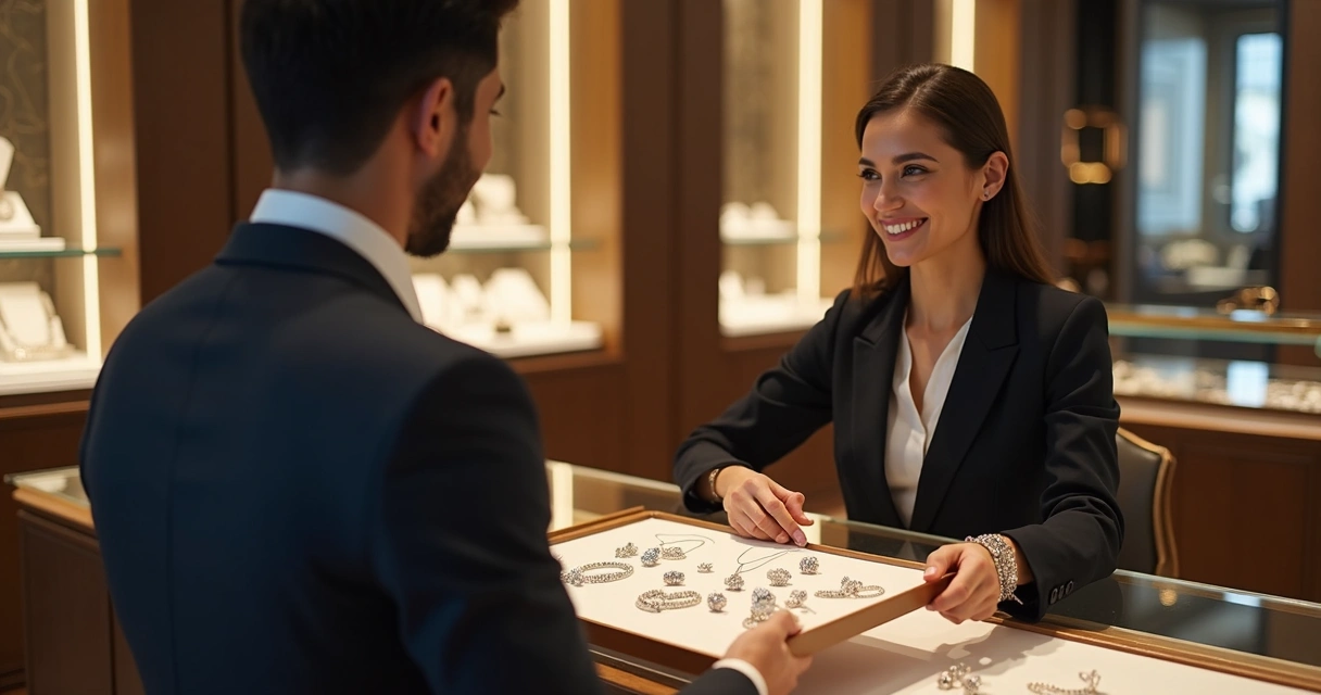 Atendente de joalheria conversando com cliente em loja fina 