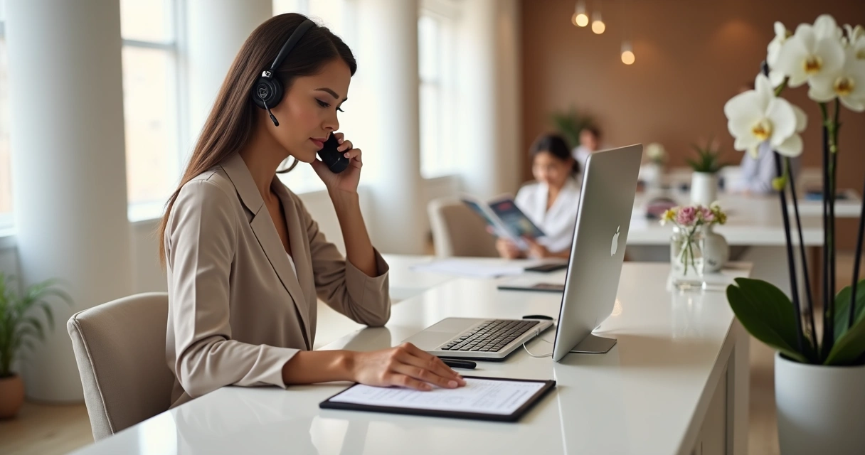 Recepcionista de clínica de cirurgia plástica atendendo paciente ao telefone em ambiente moderno 
