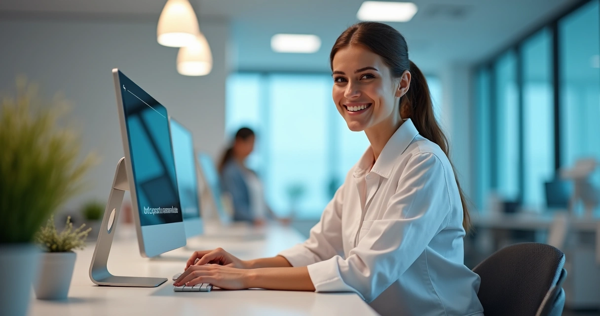 Profissional do setor administrativo usando computador moderno na recepção de clínica odontológica 