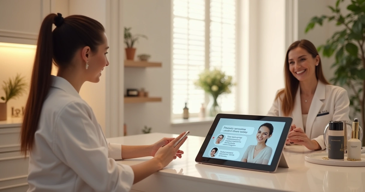 Atendimento digital em clínica estética com assistente virtual de IA em ambiente moderno e sofisticado 