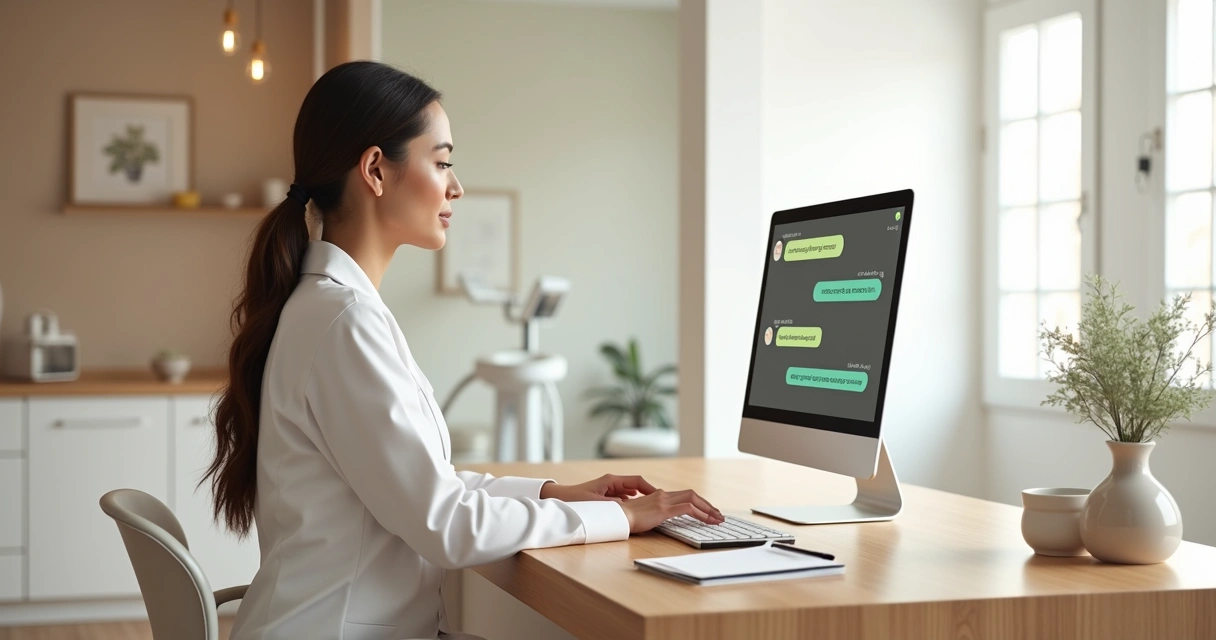 Recepcionista de clínica de harmonização facial atendendo paciente pelo WhatsApp no computador 