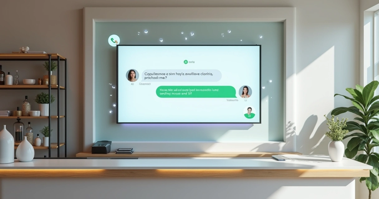 Recepção de clínica de estética com tela mostrando chatbot de atendimento digital 