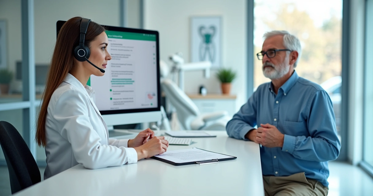 Recepcionista em clínica odontológica usando script de atendimento para paciente de implante 