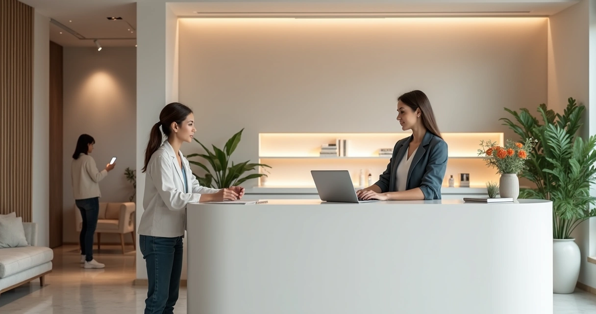 Recepção moderna de clínica com paciente e atendimento acolhedor 
