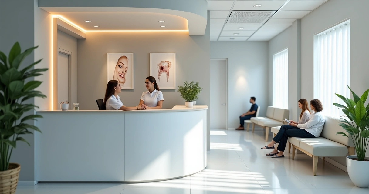 Recepção moderna de clínica odontológica com paciente sendo recebido 