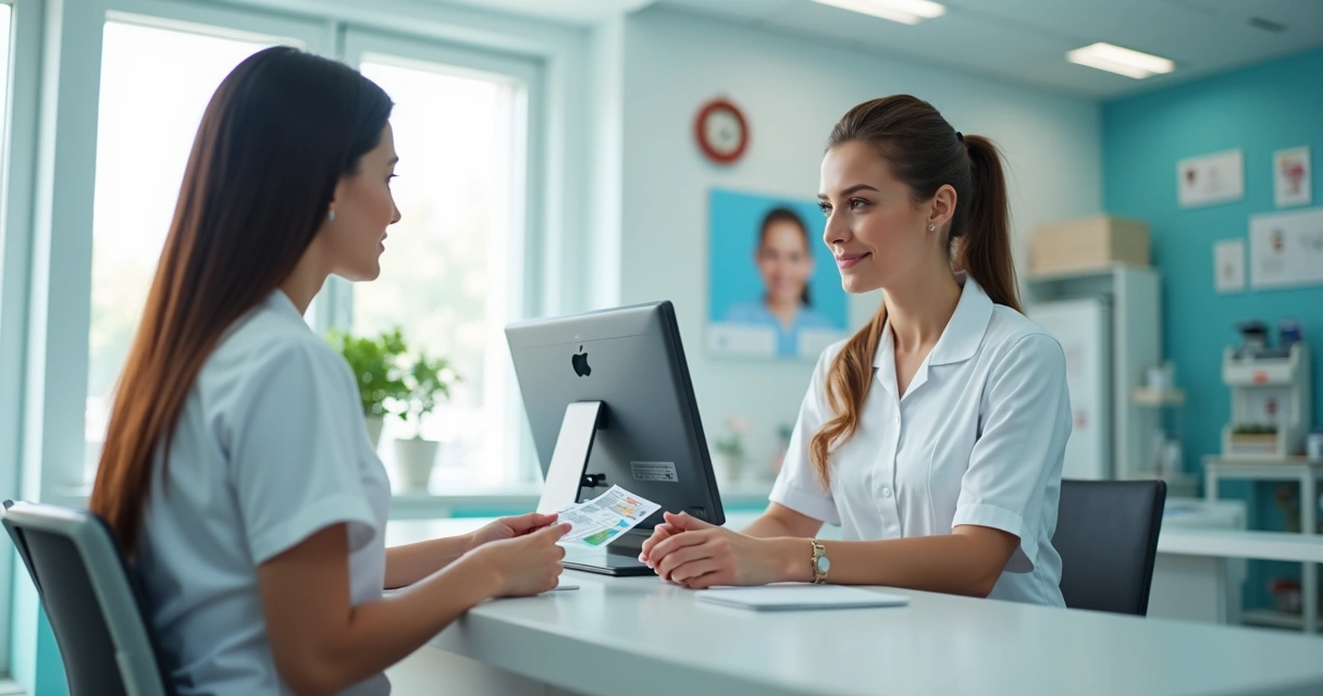 Recepção de clínica odontológica com paciente sendo orientado sobre pagamentos