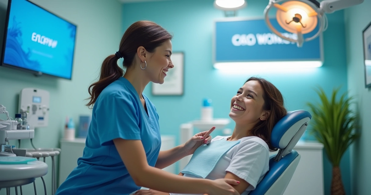 Dentista atendendo paciente em consultório com identidade visual personalizada no ambiente 