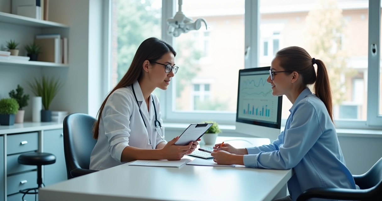 Profissional de atendimento em clínica odontológica conversando com paciente e mostrando documentos sobre inadimplência 
