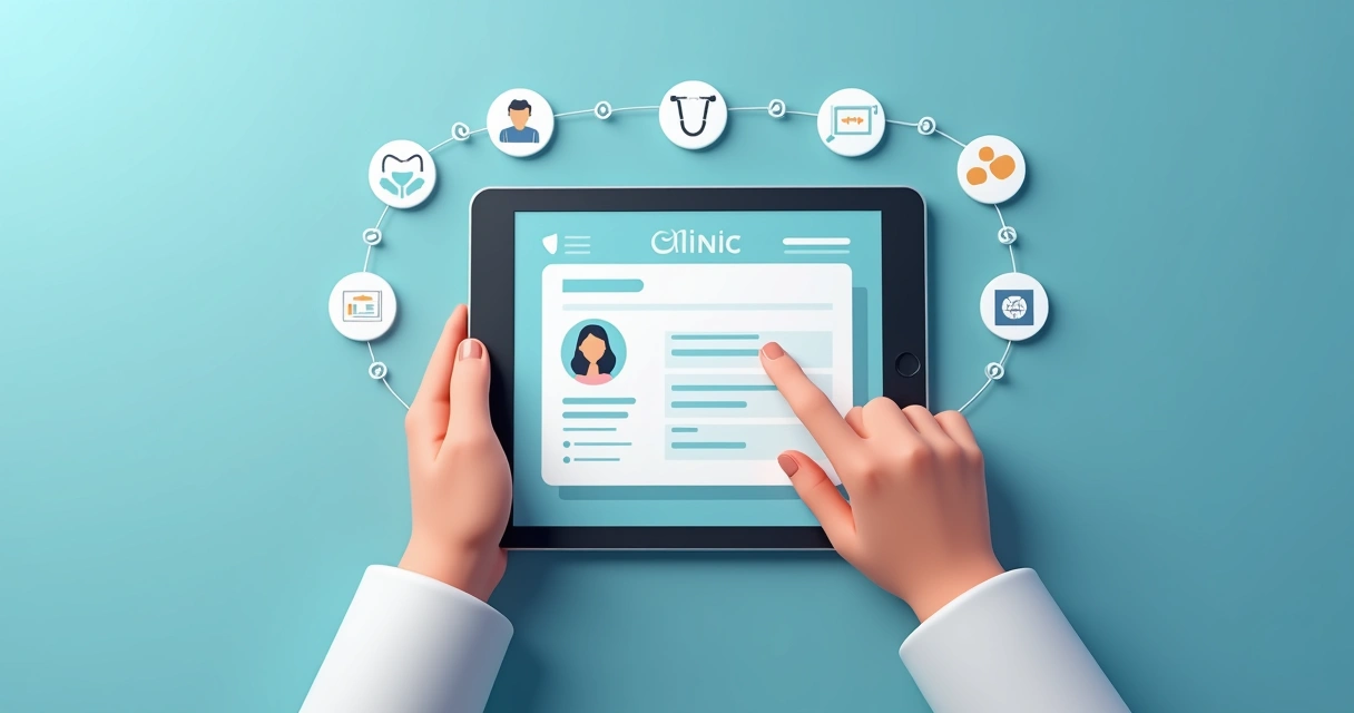 Paciente utilizando tablet para agendar consulta em clínica digital