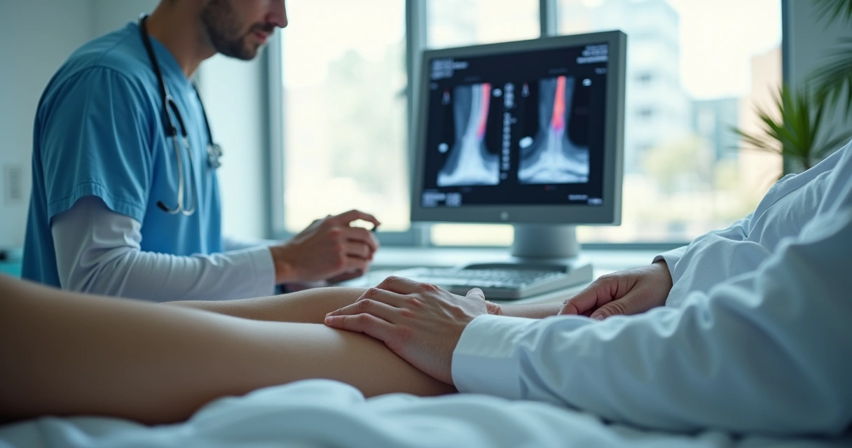 Angiologista utilizando ultrassom em paciente para avaliação das varizes 