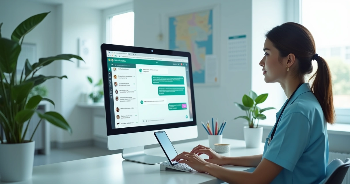 Recepcionista de clínica atendendo pacientes no WhatsApp em computador
