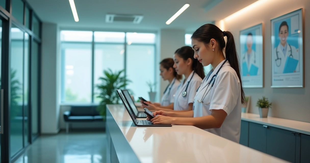 Equipe de clínica médica usando WhatsApp Business no balcão de atendimento 