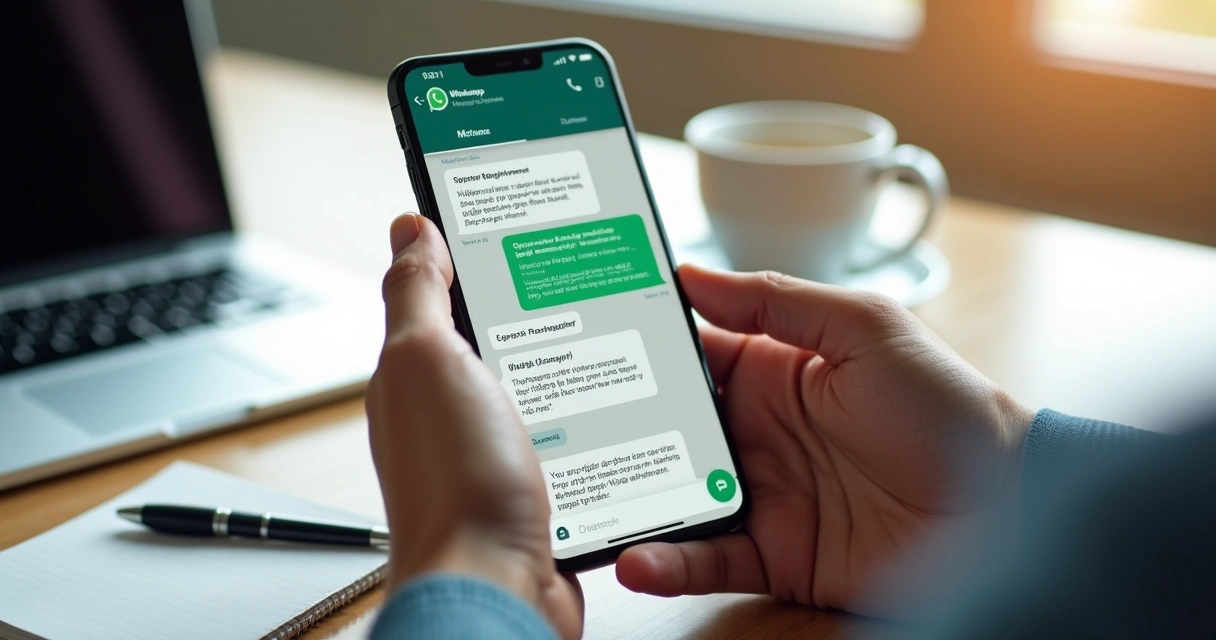 Pessoa usando smartphone com tela aberta do WhatsApp Business mostrando mensagens de cobrança para empresa PME