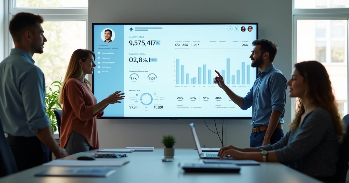 Equipe de atendimento analisando resultados com assistente virtual em tela 