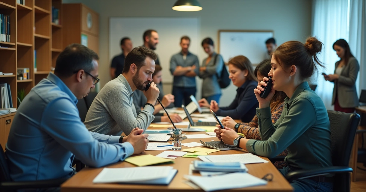 Múltiplos atendentes anotando solicitações em diferentes papéis e celulares 