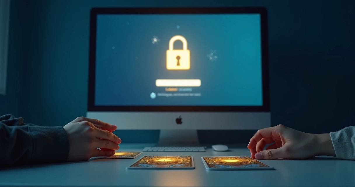 Ambiente online seguro, ícone de cadeado e mãos segurando cartas 