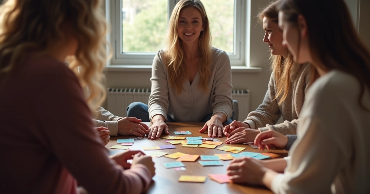 Sessão de constelação familiar, facilitadora e representantes em roda com cartões coloridos sobre a mesa 