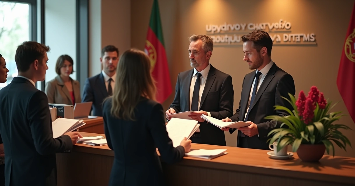 Balcão de atendimento em consulado português com fila de pessoas e funcionários revisando documentos 