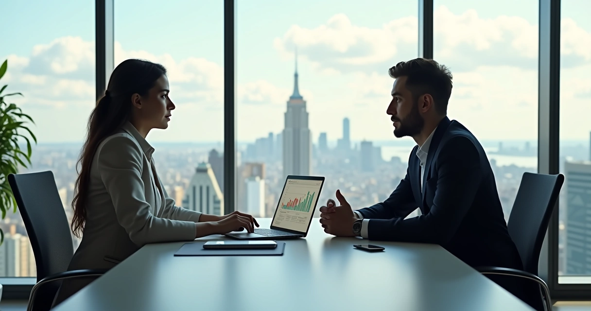 Profissional de BPO financeiro atendendo cliente em escritório moderno com laptop e gráficos na tela 