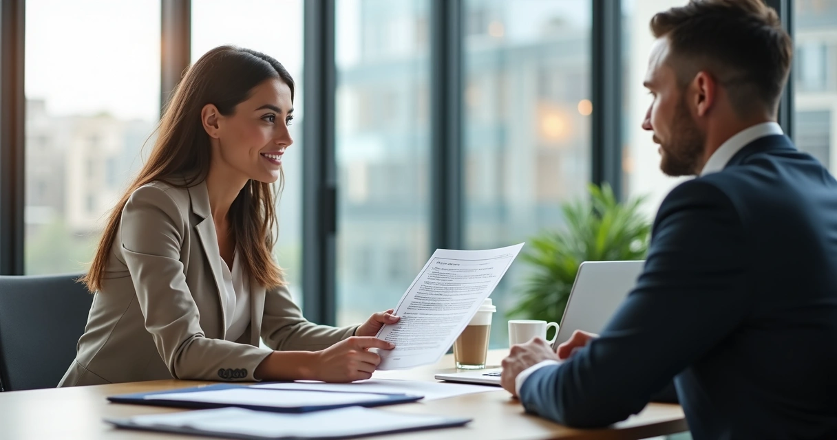Corretora orientando cliente sobre portabilidade de seguros em escritório 