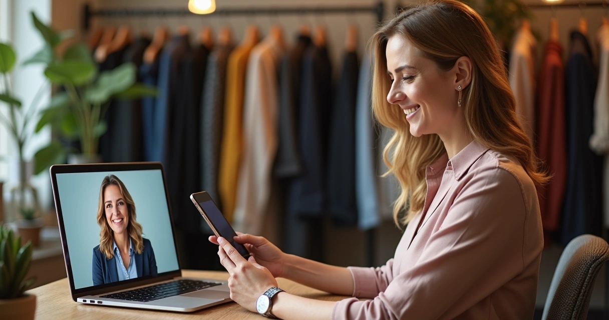 Consultora de imagem atendendo cliente online no brechó 
