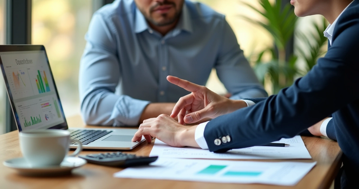 Consultor financeiro atendendo cliente presencialmente, analisando gráficos em notebook 