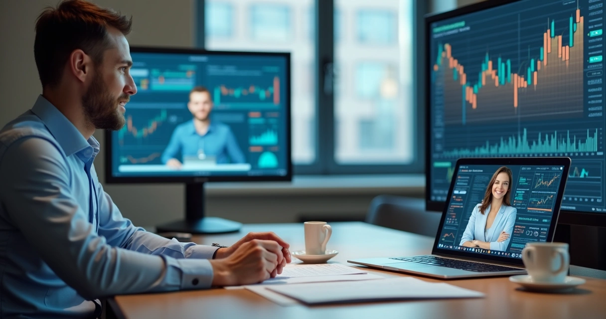 Consultor financeiro atendendo cliente em ambiente digital 