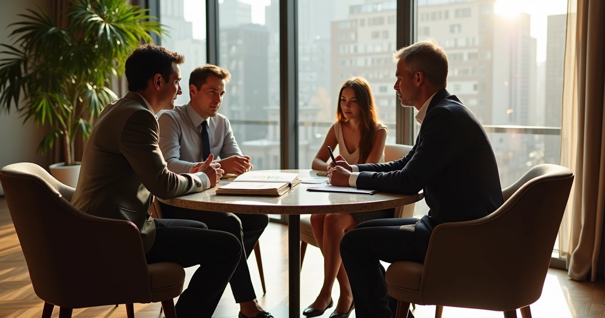 Consultor sentado conversando com família de clientes em sala elegante 