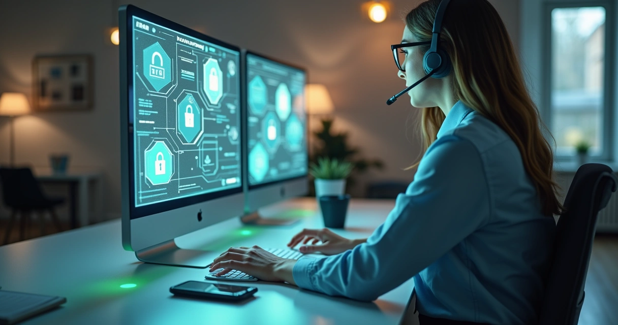 Profissional de atendimento ao cliente usando computador moderno com interface digital de proteção de dados visível na tela 