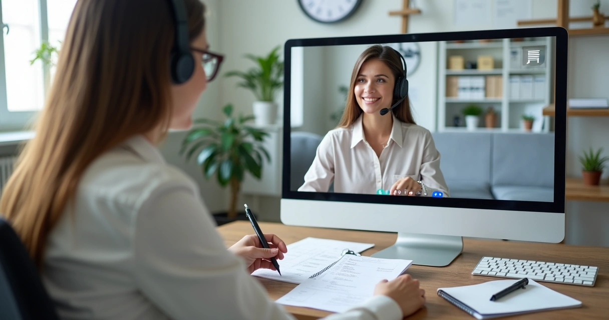 Profissional de contabilidade atendendo micro prestador por videochamada 