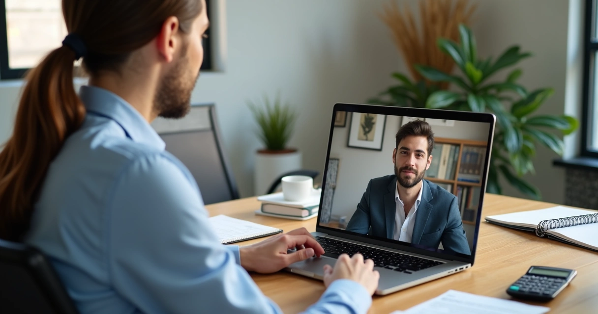 Contador atendendo pequeno empreendedor por videochamada no notebook 