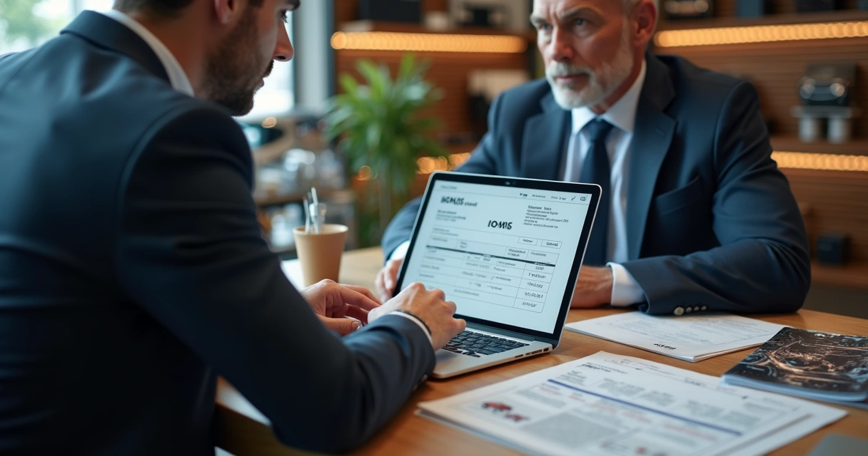 Contador atendendo comerciante de autopeças, ambos analisando nota fiscal em um laptop. 
