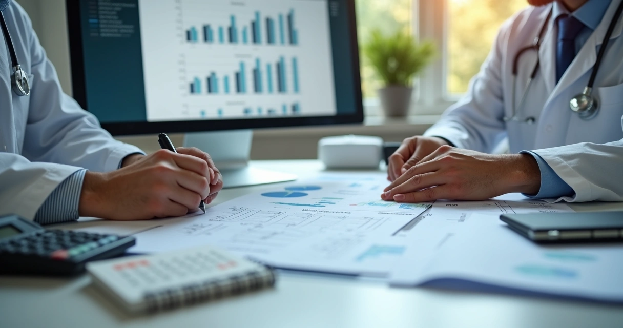 Contador e médico discutindo documentos fiscais em clínica, planilhas, computador e carimbo sobre a mesa 