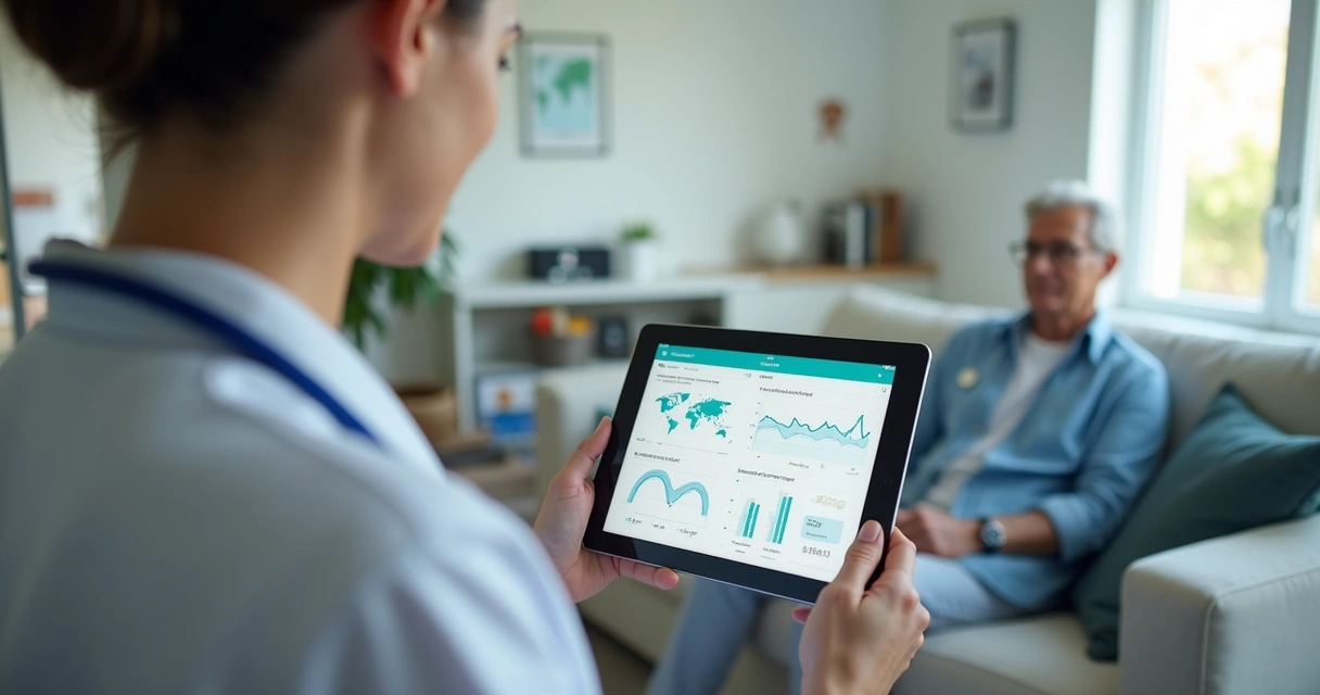 Profissional de saúde usando tablet com gráficos digitais enquanto monitora paciente em casa moderno 