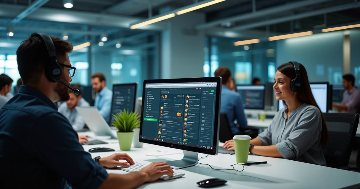 Equipe de atendimento digital respondendo pedidos de delivery pelo computador 