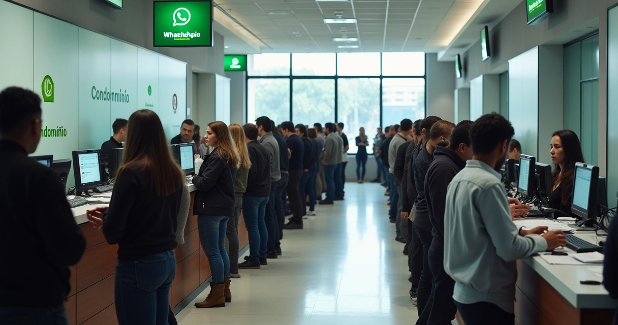 Fila de pessoas esperando atendimento em ambiente de escritório residencial 