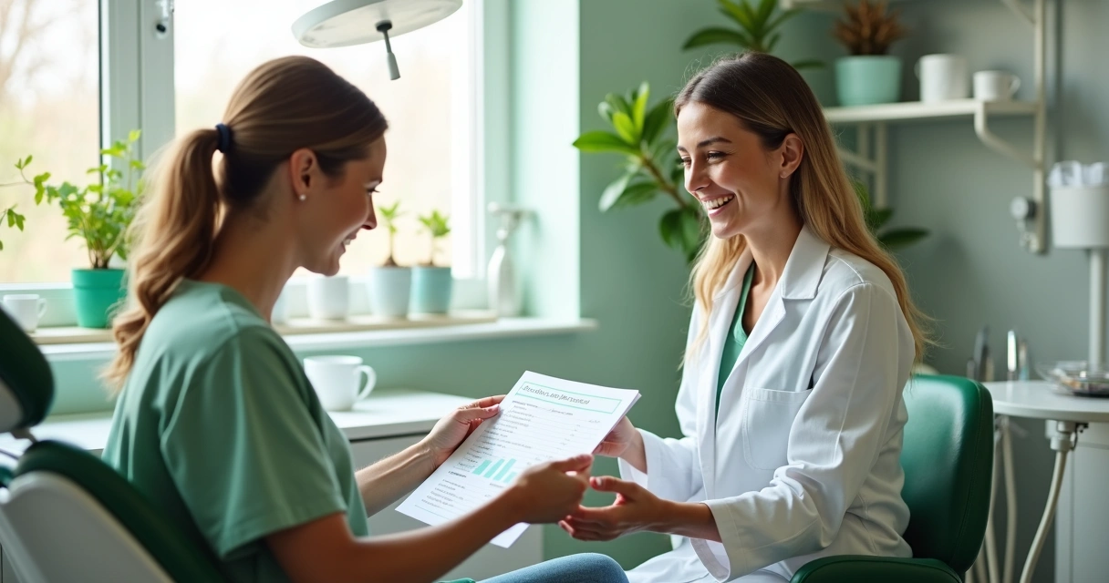 Dentista apresentando orçamento a paciente sorridente em consultório