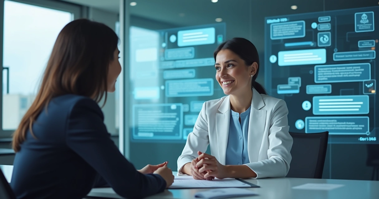 Advogada conversando com cliente em chat digital no escritório jurídico digital 