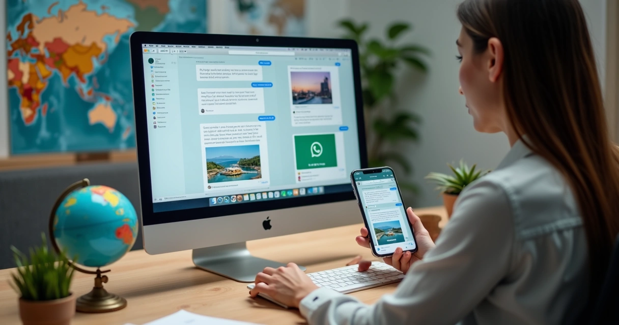 Agente de turismo atendendo clientes pelo WhatsApp Business em ambiente moderno de agência de viagens 