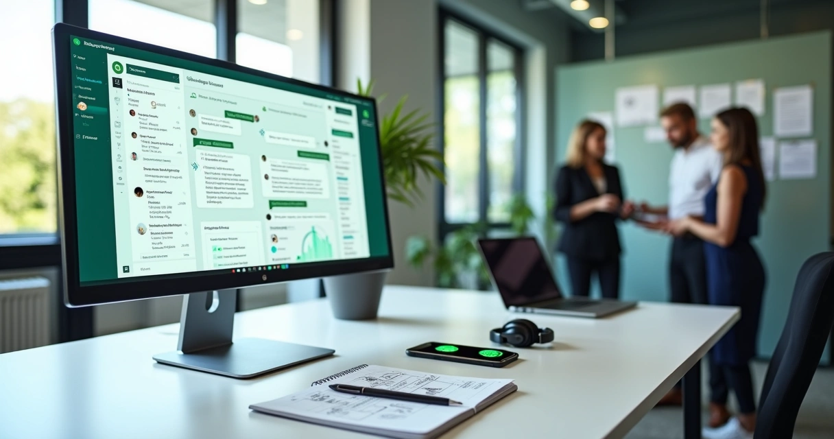 Painel de atendimento digital automatizado com WhatsApp em destaque na tela de computador 