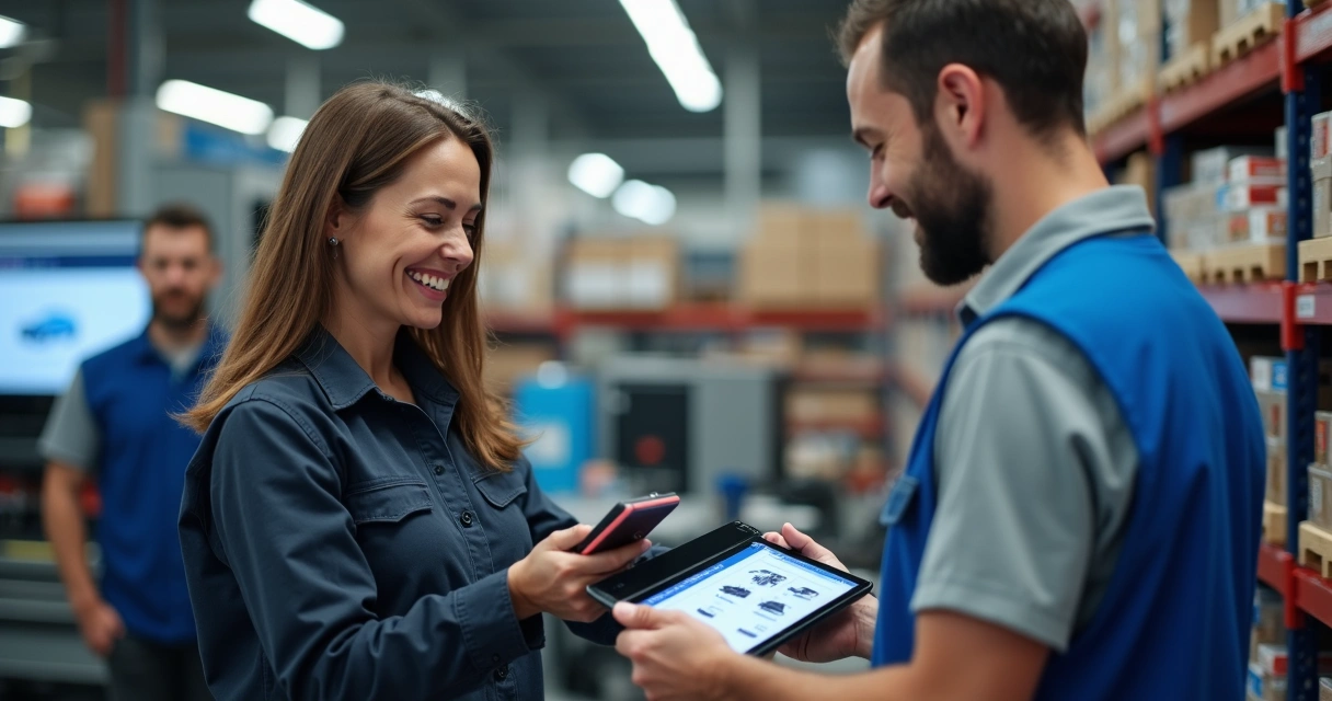 Cliente sendo atendido com sistema digital em autopeças 